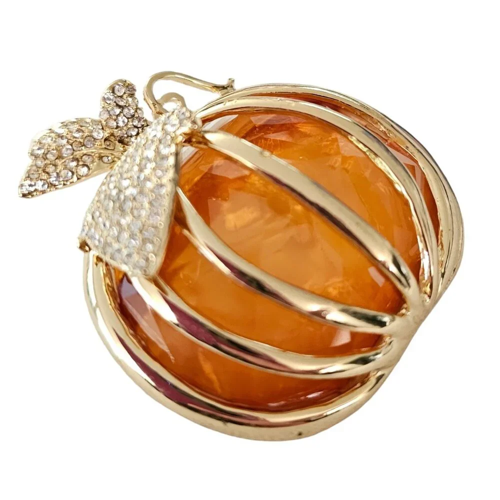 Napier Gold-Tone Caged Orange Resin Pumpkin Rhinestone Leaf Brooch Signed, L98 - Picture 4 of 8